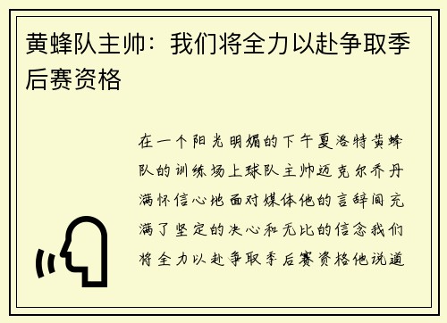 黄蜂队主帅：我们将全力以赴争取季后赛资格