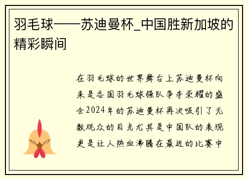 羽毛球——苏迪曼杯_中国胜新加坡的精彩瞬间