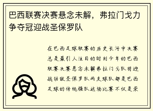 巴西联赛决赛悬念未解，弗拉门戈力争夺冠迎战圣保罗队