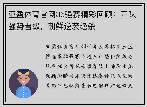 亚盈体育官网36强赛精彩回顾：四队强势晋级，朝鲜逆袭绝杀